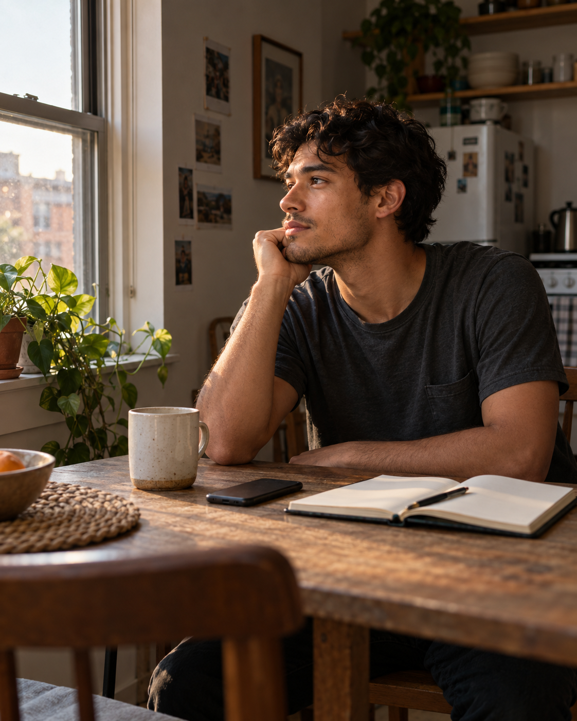 AI-created editorial scene of a fictional man pausing at a table beside a window and open journal
